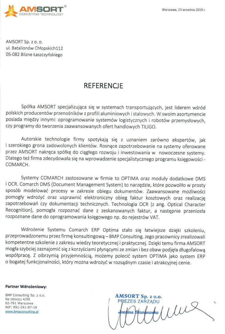 Referencje AMSORT po wdrożeniu Comarch ERP Optima, DMS i OCR przez BMP Consulting