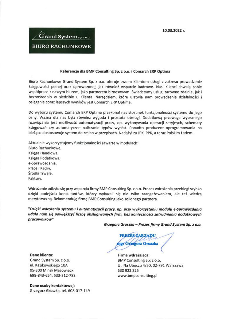 Referencje Grand System po wdrożeniu Comarch ERP Optima przez BMP Consulting
