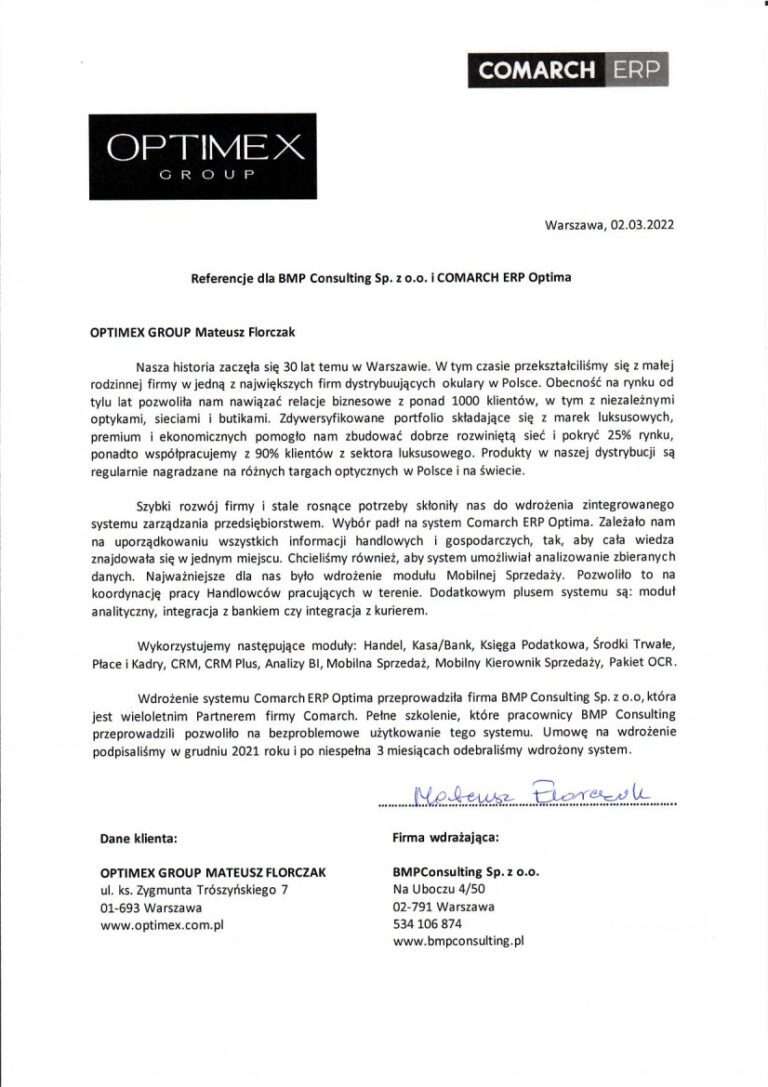 Referencje OPTIMEX GROUP po wdrożeniu Comarch ERP Optima przez BMP Consulting