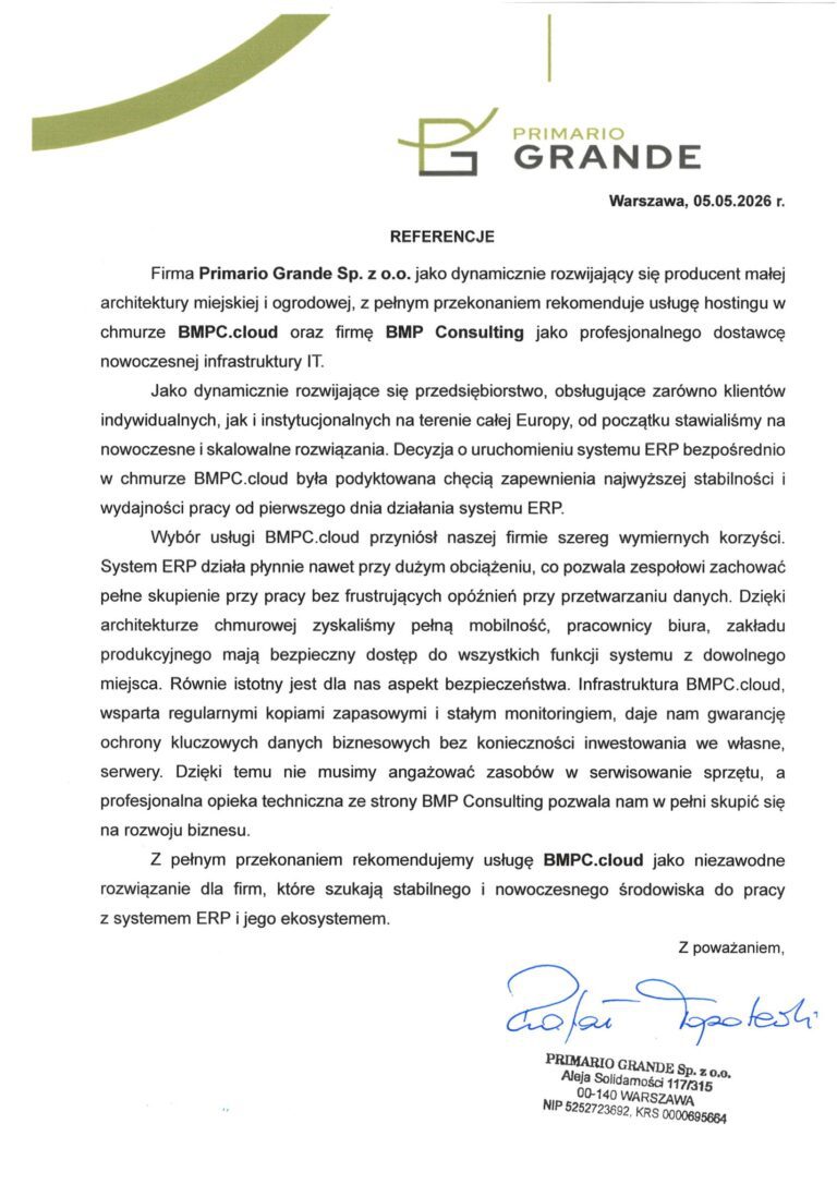 Referencje Primario Grande dla BMPC.cloud i BMP Consulting dotyczące hostingu systemu ERP w chmurze