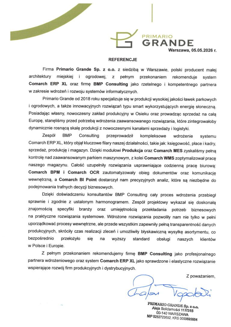 Referencje Primario Grande dla Comarch ERP XL i BMP Consulting