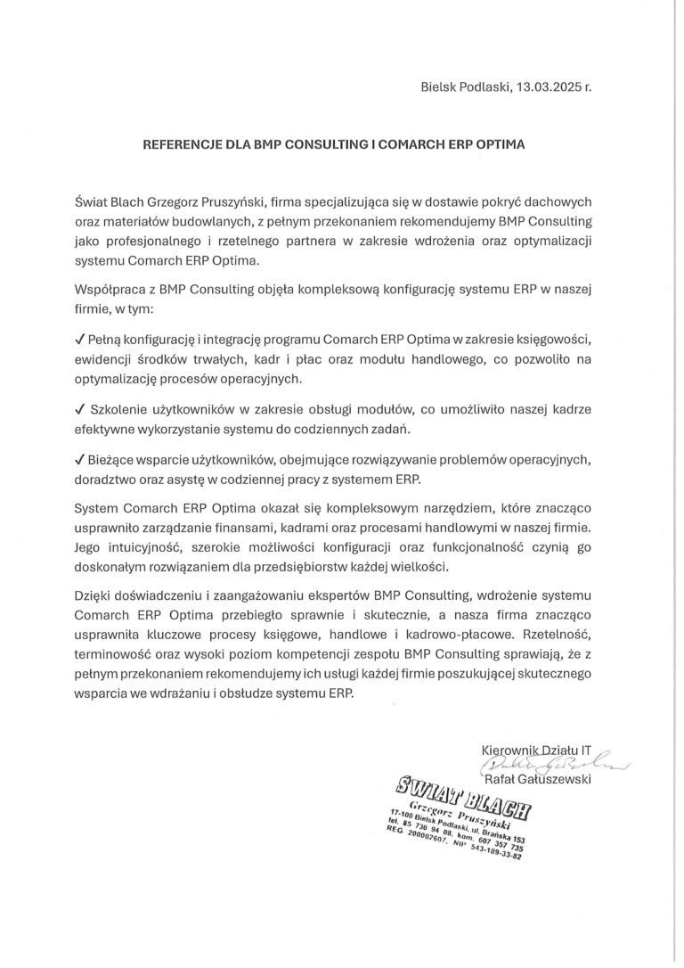 Referencje Świat Blach po wdrożeniu Comarch ERP Optima przez BMP Consulting