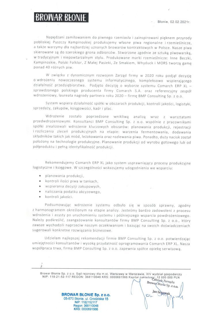 Referencje Browar Błonie po wdrożeniu Comarch ERP XL przez BMP Consulting