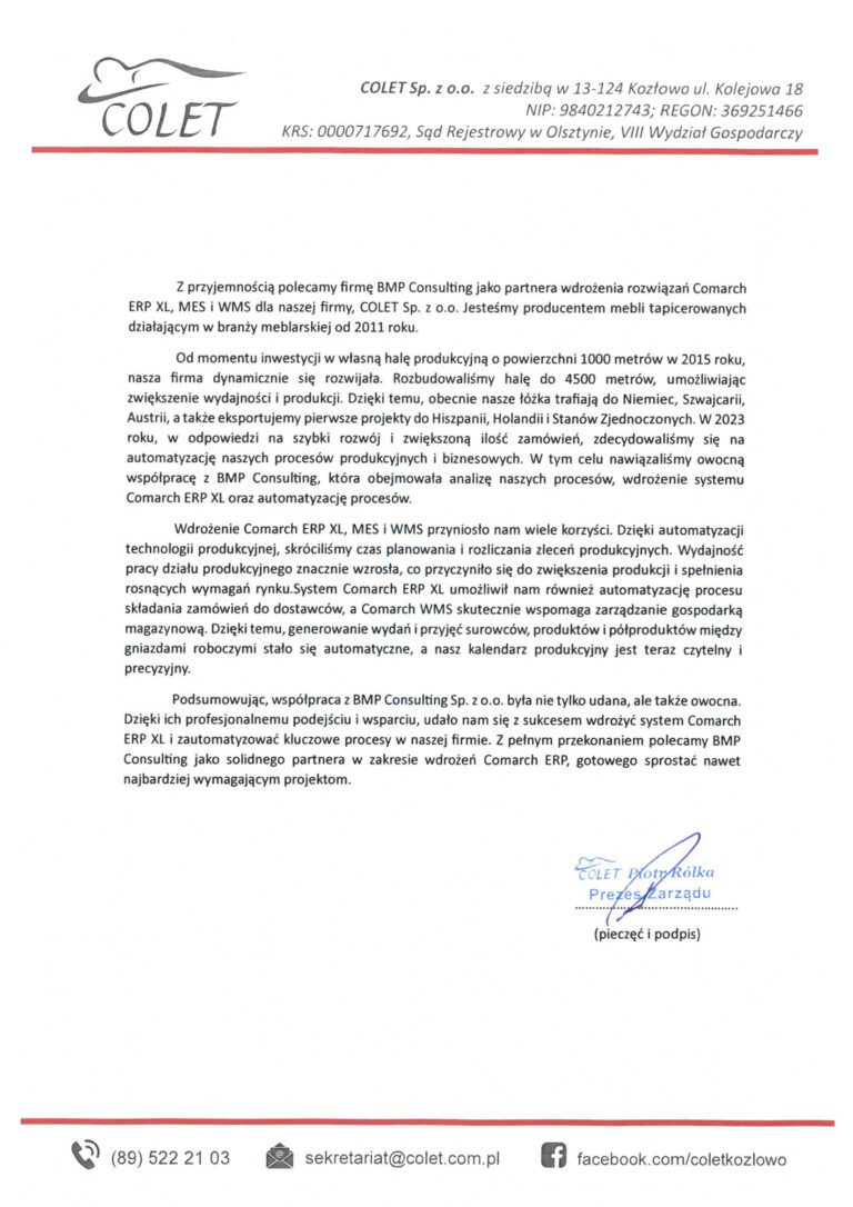 Referencje Colet po wdrożeniu Comarch ERP XL, MES i WMS przez BMP Consulting