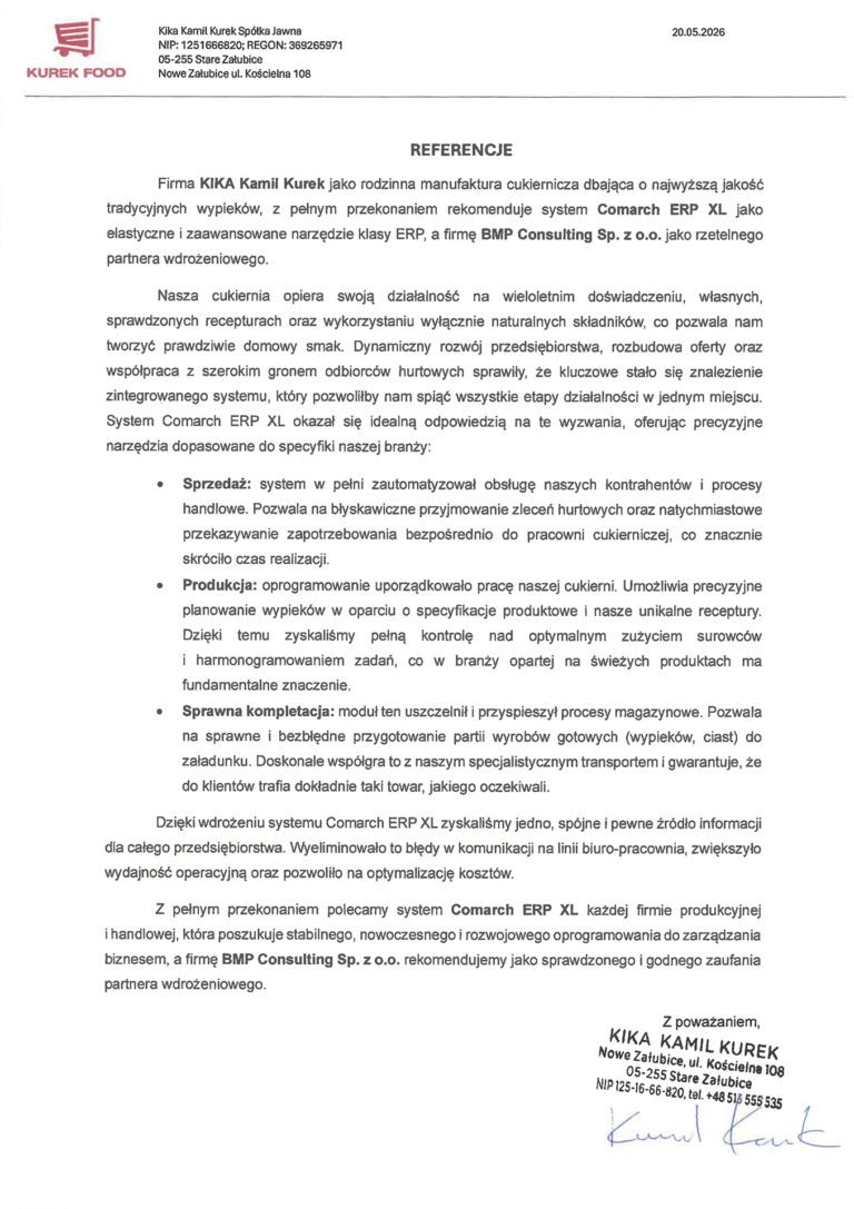 Referencje KIKA Kamil Kurek dla Comarch ERP XL i BMP Consulting