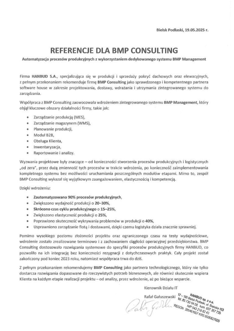 Referencje HANBUD dla BMP Consulting po wdrożeniu systemu BMP Management