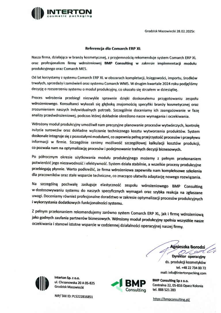 Referencje Interton dotyczące wdrożenia Comarch ERP XL i Comarch MES