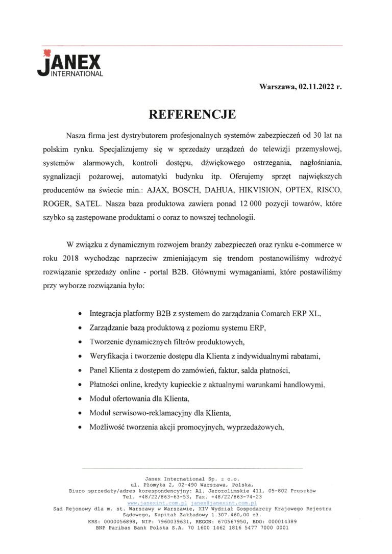 Referencje Janex International dotyczące wdrożenia platformy B2B z Comarch ERP XL