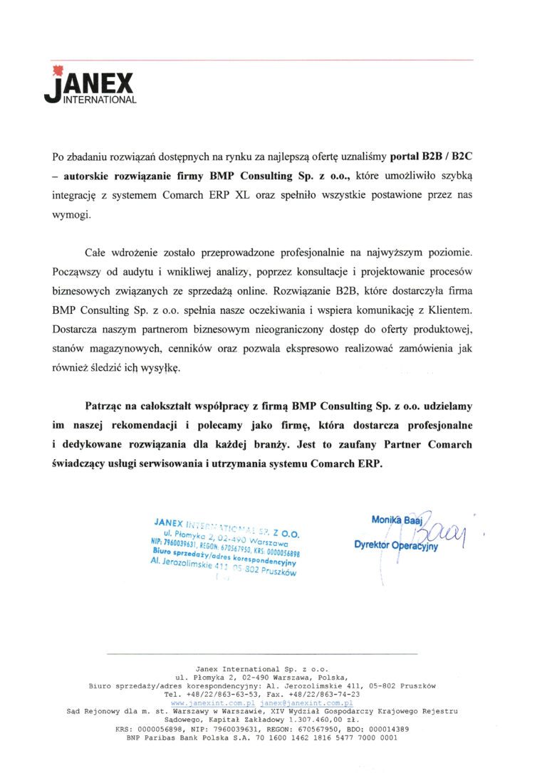 Referencje Janex International dla BMP Consulting po wdrożeniu portalu B2B