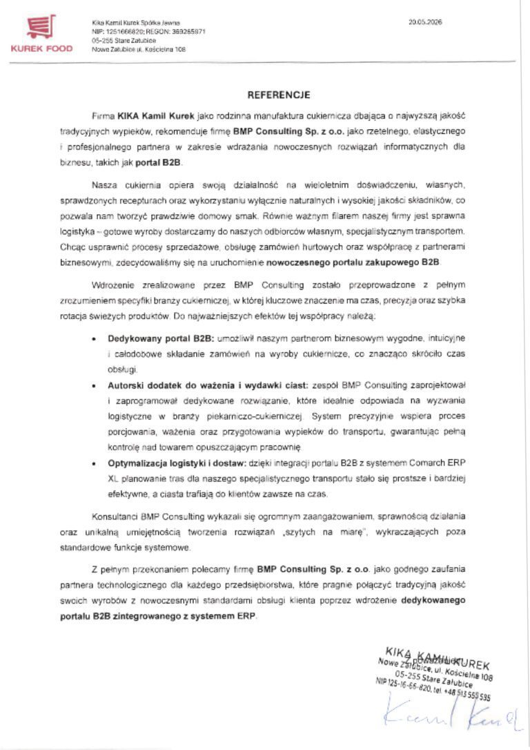 Referencje Kurek Food dla dedykowanego portalu B2B wdrożonego przez BMP Consulting
