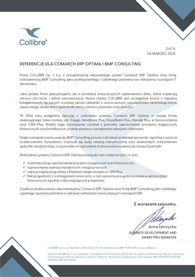 Referencje Collibre dla Comarch ERP Optima i BMP Consulting