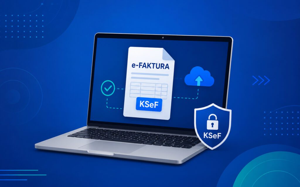 Ilustracja przedstawiająca laptop z ikoną e-faktury i oznaczeniem KSeF na ekranie. Obok widoczna jest tarcza symbolizująca bezpieczną komunikację z Krajowym Systemem e-Faktur oraz ikony przesyłania dokumentów. Grafika ilustruje temat licencjonowania Comarch KSeF, elektronicznej wymiany faktur oraz przygotowania systemów Comarch ERP do obowiązkowej komunikacji z KSeF od 1 sierpnia 2026 roku.