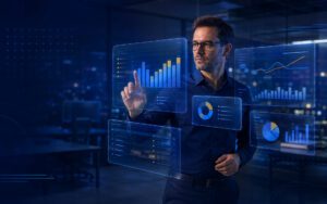 Analityk korzystający z interaktywnych dashboardów Comarch ERP XL BI Point Premium prezentujących wykresy i dane biznesowe.