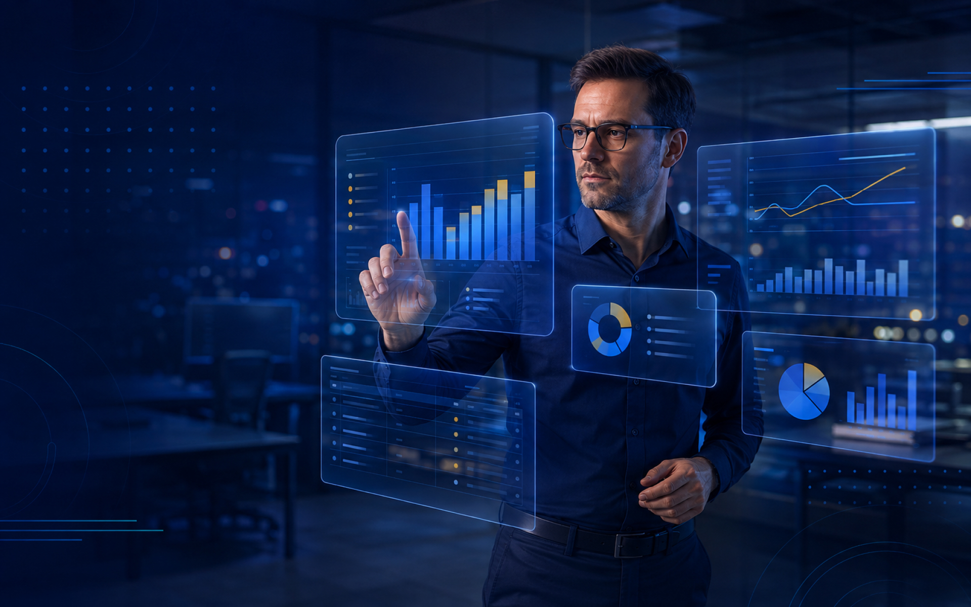 Analityk korzystający z interaktywnych dashboardów Comarch ERP XL BI Point Premium prezentujących wykresy i dane biznesowe.